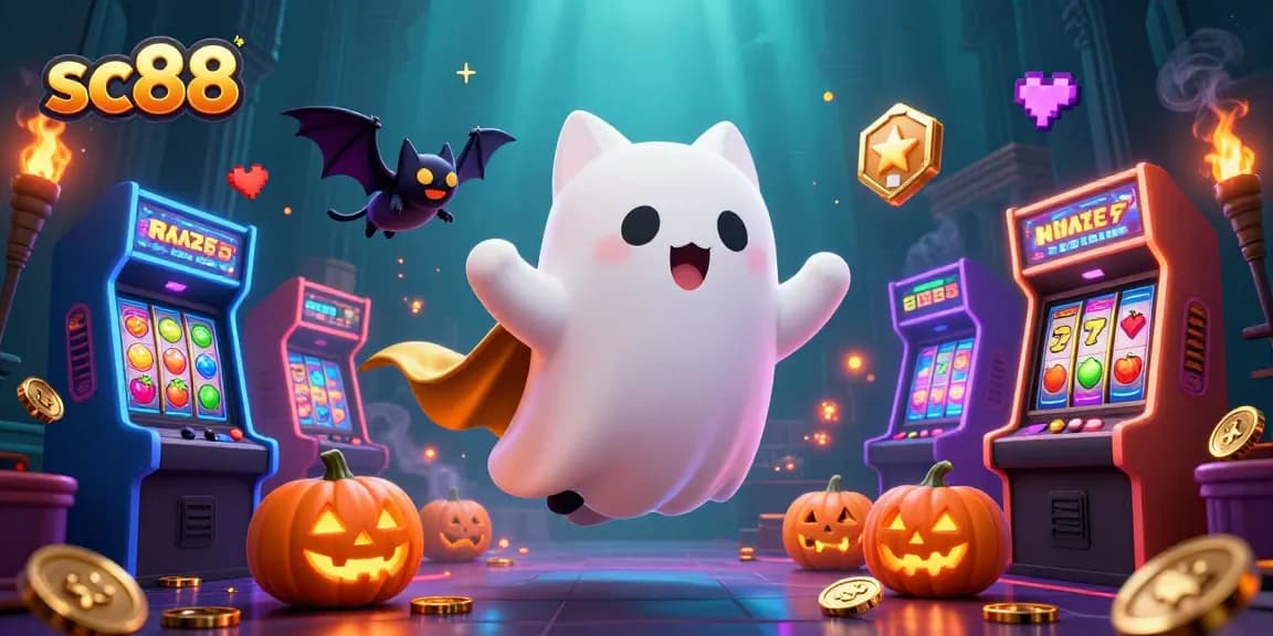 Engaging sc88 gaming scene with ghost cat, vampire bat, and casino elements illuminating the night.