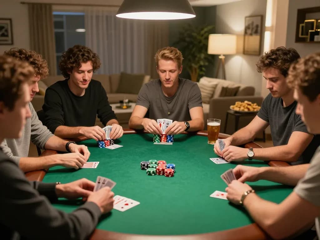 MAX79 players strategizing during a lively home poker night with colorful chips and cards