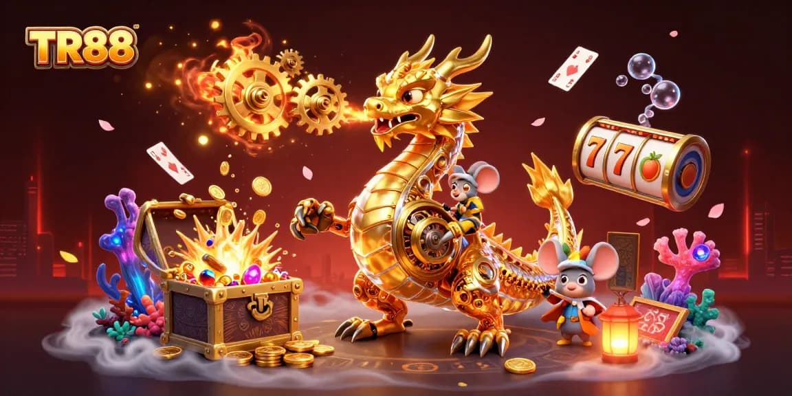 Experience the thrill of TR88 slots with a golden dragon breathing gears amidst dazzling treasures.
