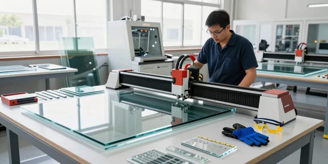 Technician using a glass cutting table in a modern processing workshop.