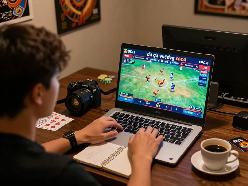 Engaging scene of đá gà trực tiếp cpc4 being bet on through a laptop, depicting strategic online gambling.