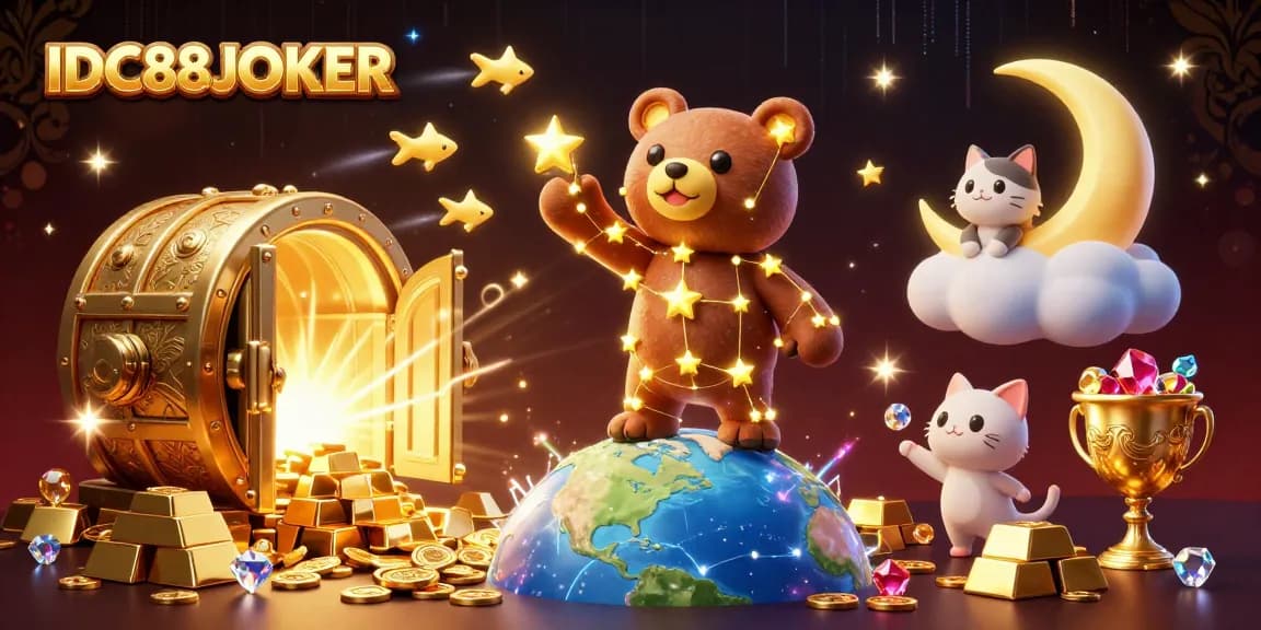 Experience winning moments at IDC88JOKER with stunning 3D illustrations featuring a magical bear and treasures.