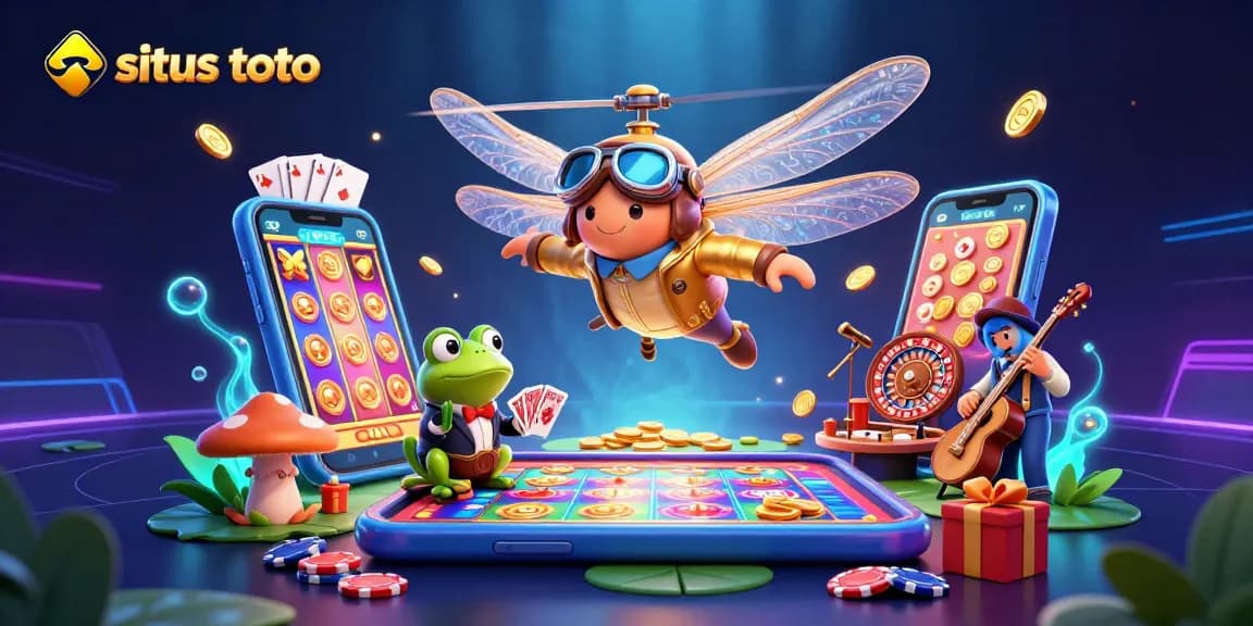 Situs toto game highlights featuring a dragonfly pilot, frog croupier, and jazz musicians in a vibrant casino setting.