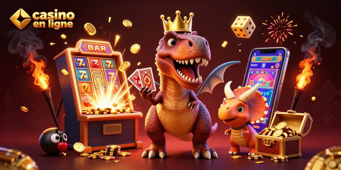 Participez au casino en ligne avec un T-Rex amusant distribuant des cartes, entouré d'un jackpot éclatant.