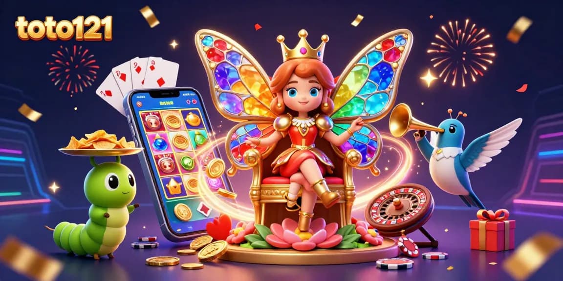 Menangkan permainan slot di toto121 dengan ratu kupu-kupu 3D dan chip emas yang berkilauan.