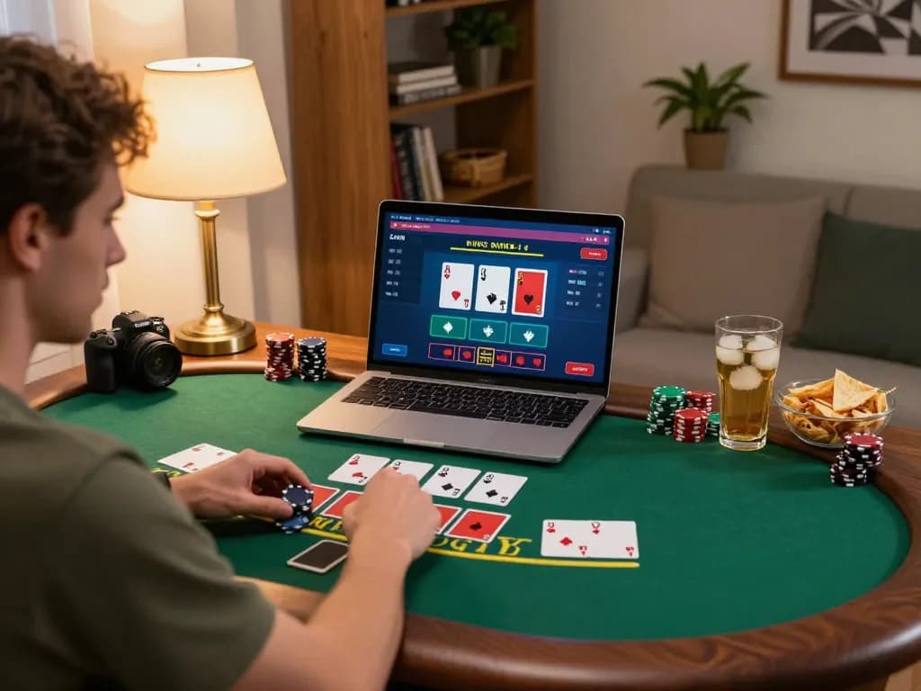 Player enjoying an online blackjack session at home on 3win platform, showcasing strategic gameplay.