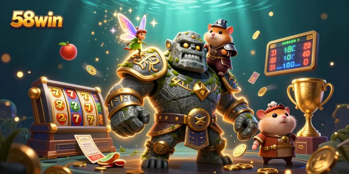 Experience the excitement of 58win with a magical golem guardian and whimsical characters.