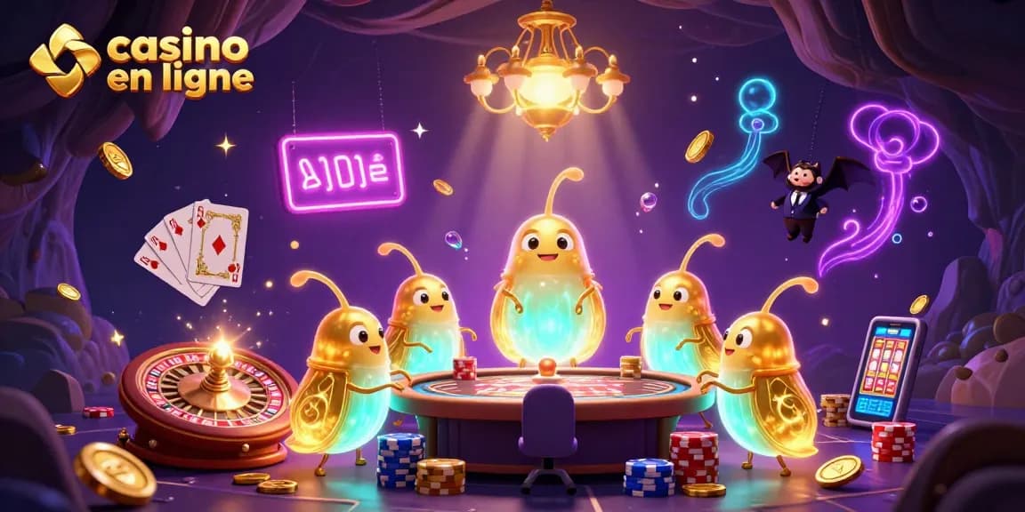 Image colorée illustrant des vers luisants illuminant un casino avec un croupier chauve-souris, dans une scène liée au casino en ligne.