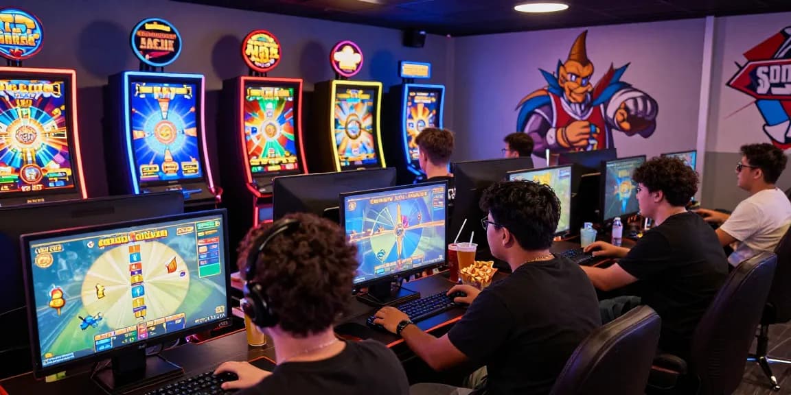 Gamer bermain RTP slot online dengan antusias di ruang permainan modern yang cerah.
