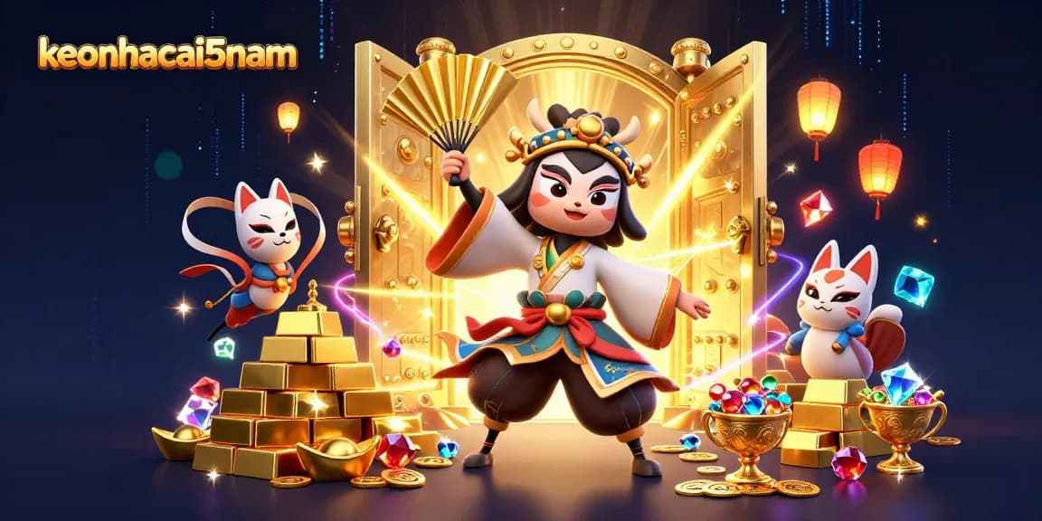 Engage with keonhacai5nam's vibrant casino scene showcasing legendary characters and treasures.