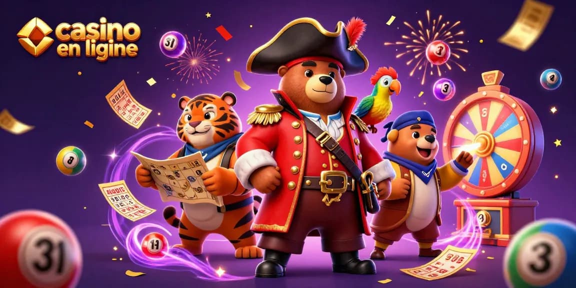 Vivez l'excitation du casino en ligne avec une illustration 3D animée de jeux de loterie et de bingo.