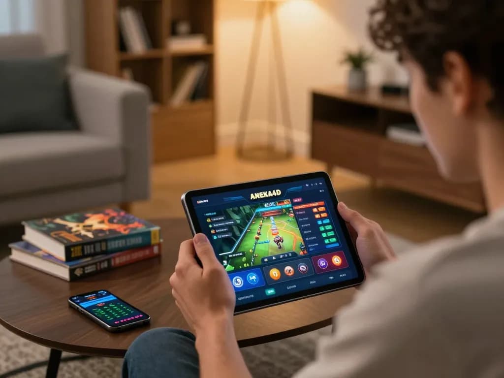 Pemain berinteraksi dengan aplikasi kasino aneka4d di tablet di lingkungan rumah yang nyaman, menunjukkan pendekatan permainan yang bertanggung jawab.