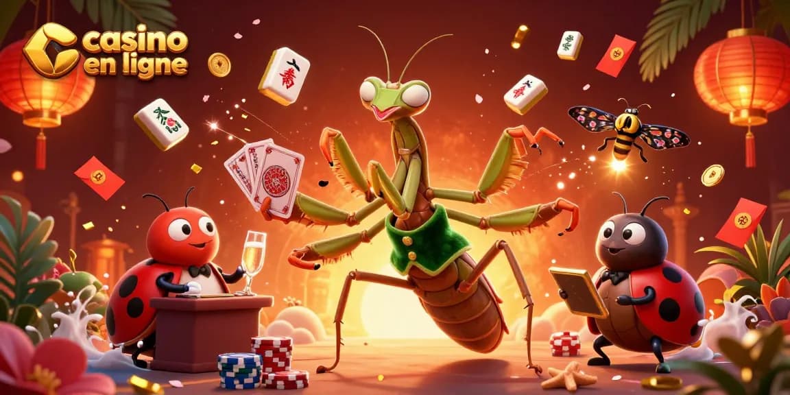 Jouer au casino en ligne avec une illustration dynamique d'un mante religieuse et un gérant sous un lustre doré.