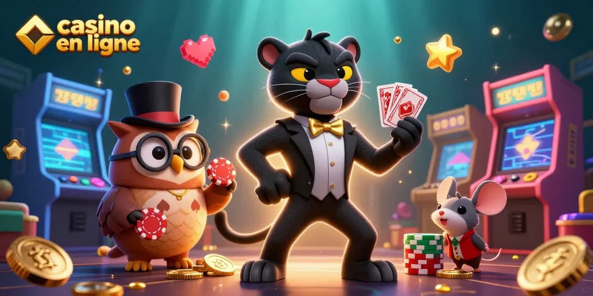 Jouer aux jeux de casino en ligne avec une panthère élégante et des personnages amusants dans une scène vibrante.