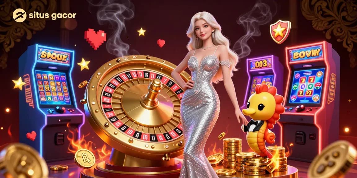 Situs gacor visualizes an exciting casino scene with slots, a roulette wheel, and colorful gaming elements.