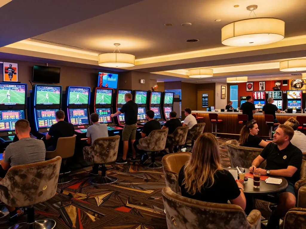 ax88 sports betting lounge with enthusiastic bettors enjoying live sports events