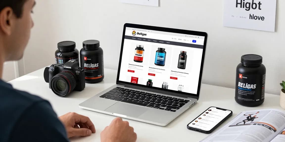 Beligas Shop user browsing anabolic steroids online in a modern workspace.