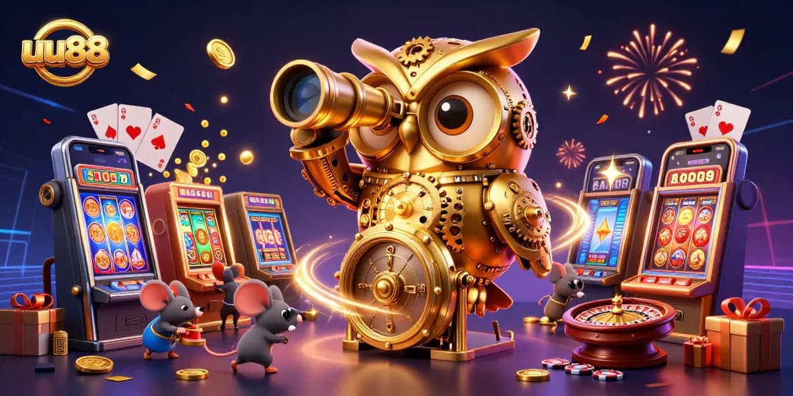 Experience the excitement of uu88 with a vibrant casino scene featuring a golden owl and dynamic game symbols.