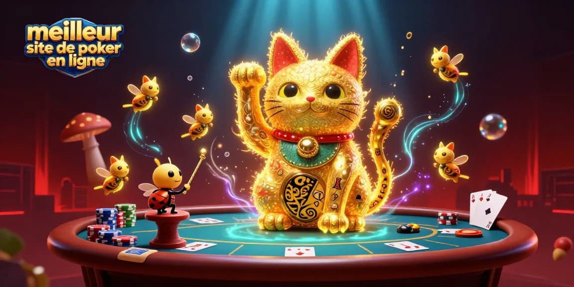 Jouez au meilleur site de poker en ligne avec une illustration dynamique de poker et des symboles de casino.
