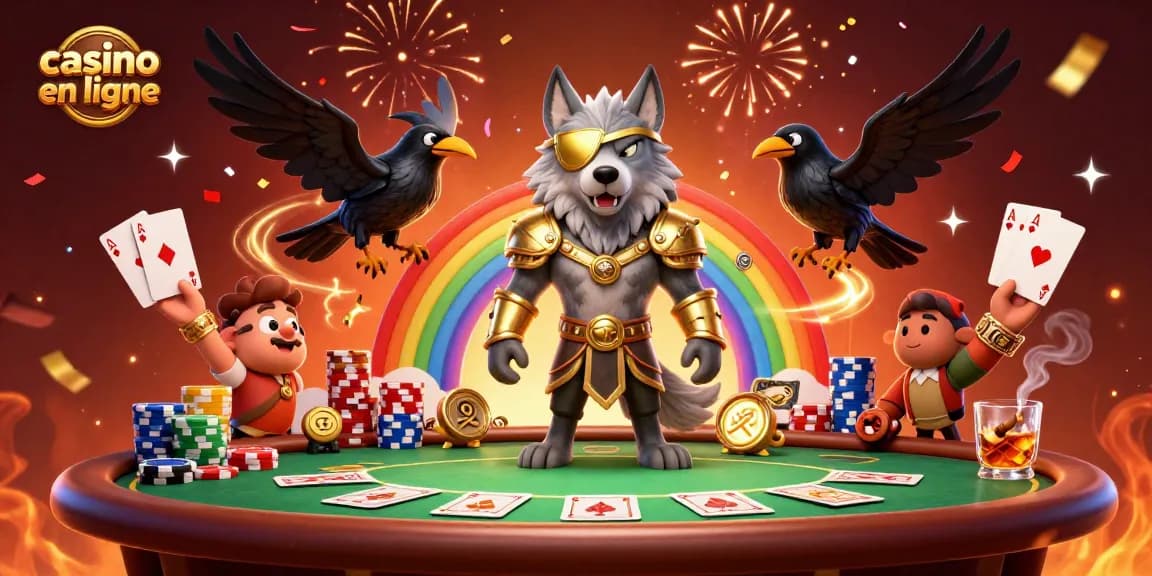 Plongez dans l'univers du casino en ligne avec le loup Odin et ses corbeaux, entourés de jetons colorés et de cartes gagnantes.