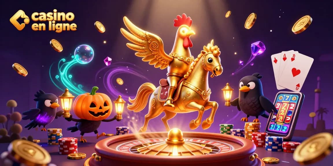 Visualisez un casino en ligne animé avec un coq doré et des personnages féeriques créant une ambiance magique.