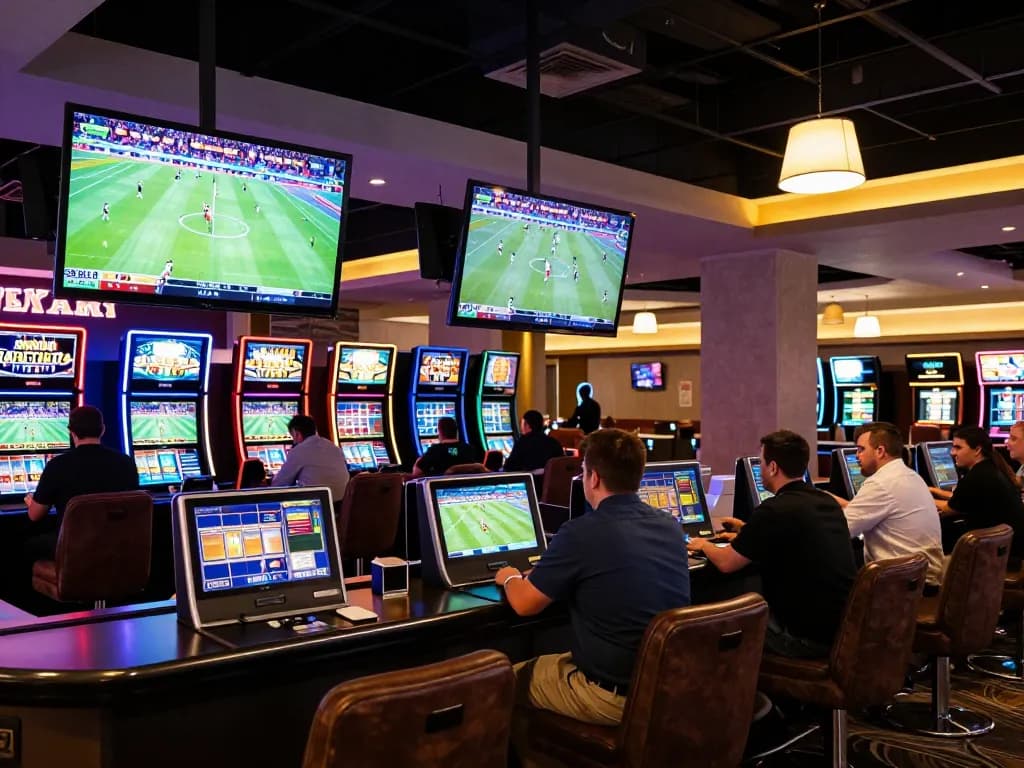 CakhiaTV patrons actively placing bets in an upscale sports betting lounge.