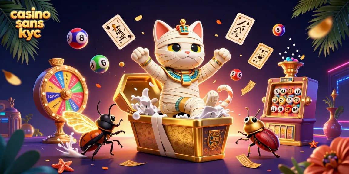 Jouer au casino sans KYC avec des éléments de jeu colorés et un chat momie dynamique.