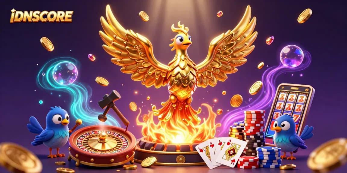 Engage with IDNSCORE as the golden phoenix emerges from a forge, filled with cascading coins and casino elements.