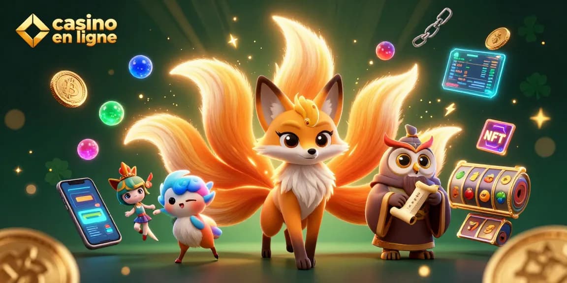Illustration vibrante de casino en ligne avec un renard à neuf queues et des symboles de jeu lumineux.