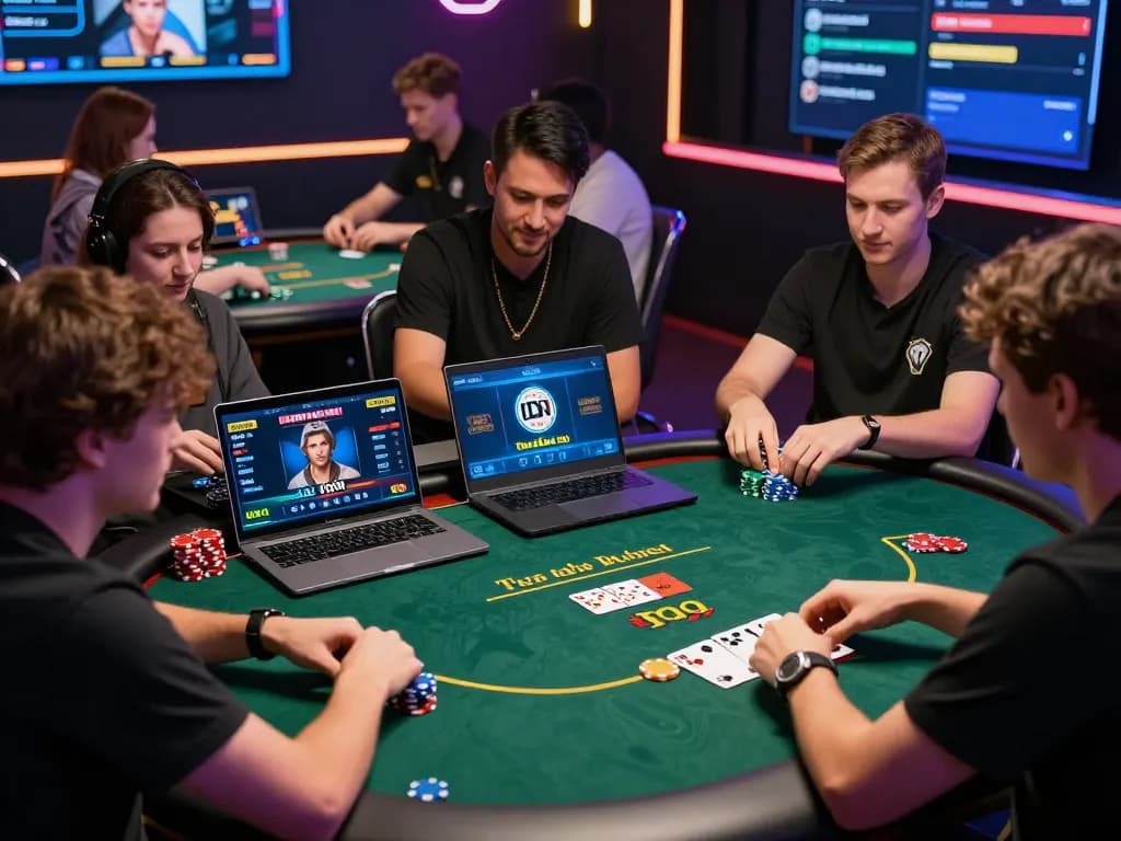 Engaged players enjoying IDN Poker games on laptops, showcasing an exciting online poker environment.