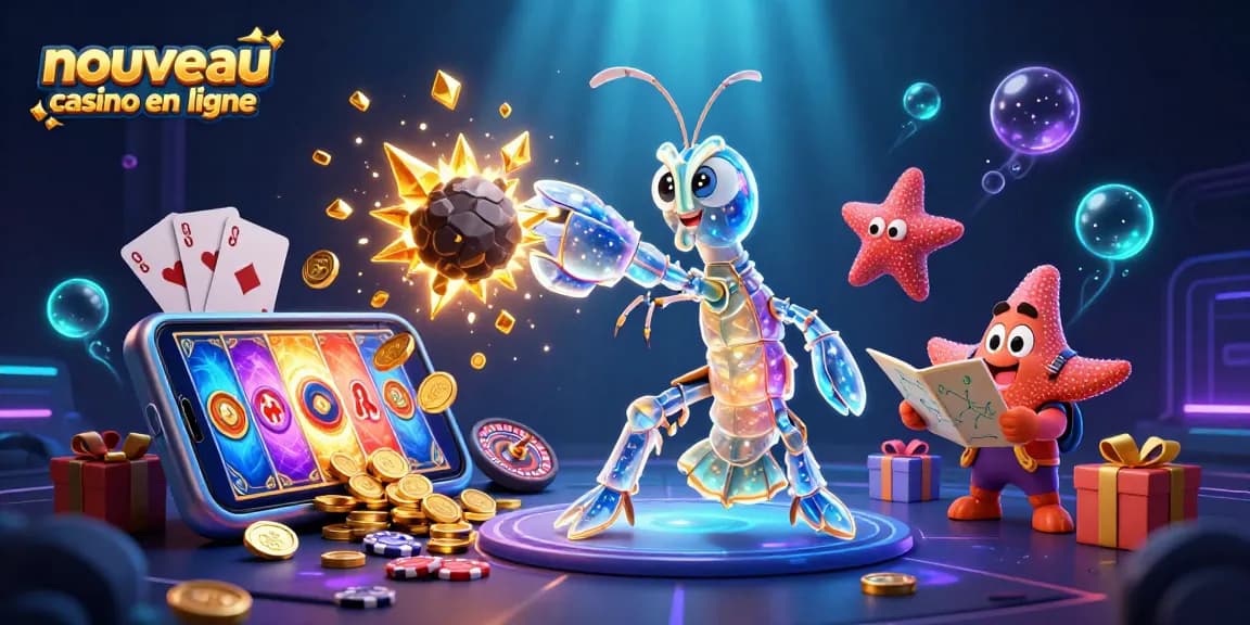 Illustration animée d'un nouveau casino en ligne avec un samouraï et un smartphone affichant des jeux de machines à sous.