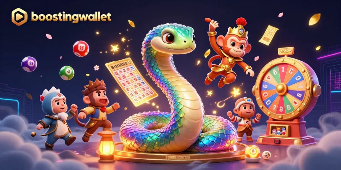 Boostingwallet lottery game illustration with a vibrant rainbow serpent, golden monkey king, and lottery elements.