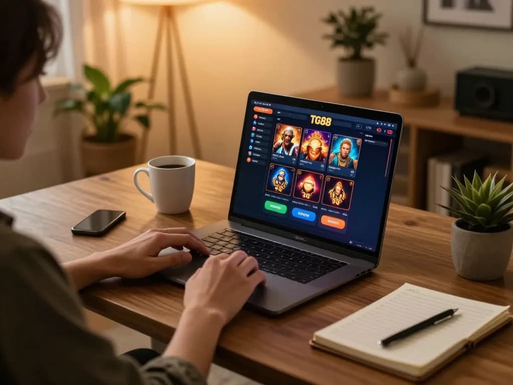 Engaging online gaming experience on TG88 platform shown on a laptop with cozy home setup.