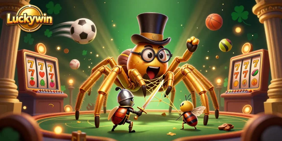Experience Luckywin with a giant golden tarantula and beetle knight in an animated casino battle.