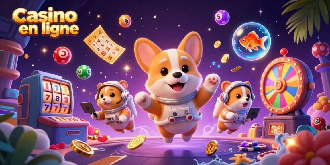 Jouez sur notre casino en ligne avec des personnages animés flottants et des éléments colorés autour.