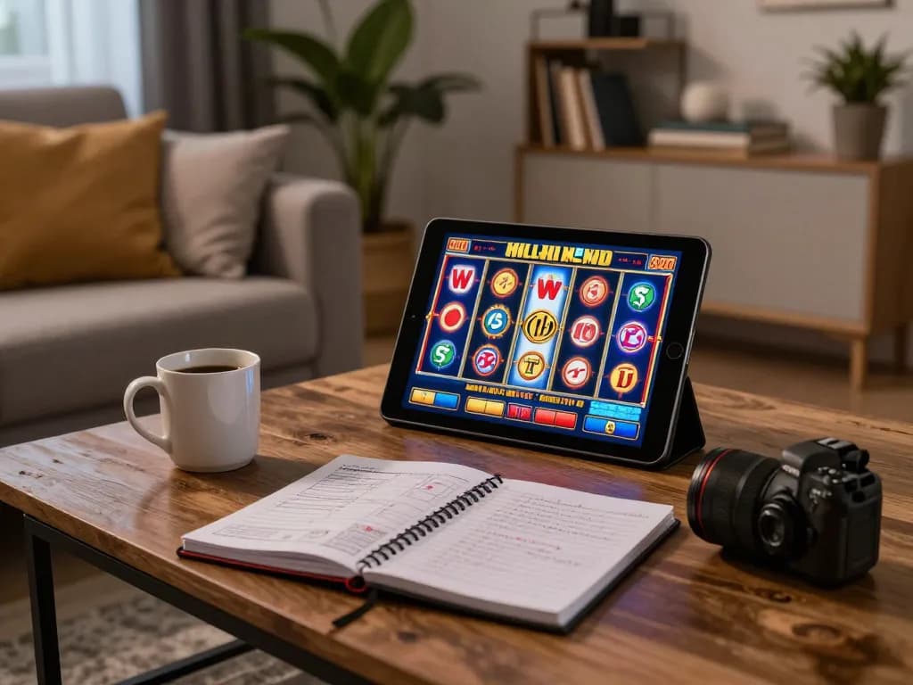 Engaging activity on jus77 slot game from a cozy home setting with tablet in use