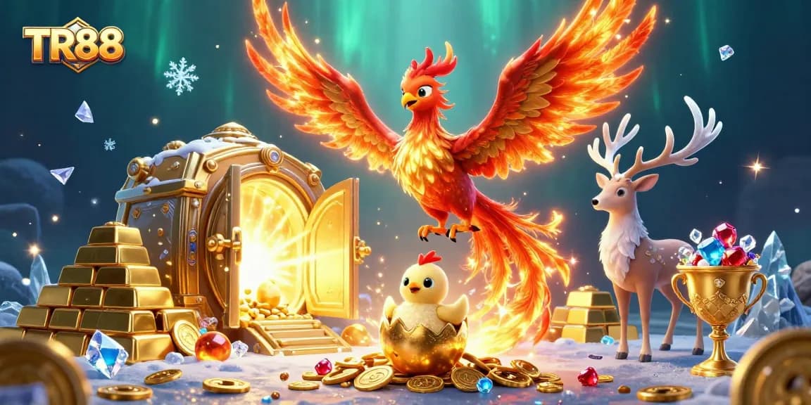 Win big with TR88 while enjoying a colorful 3D casino-themed illustration filled with gems and treasure.