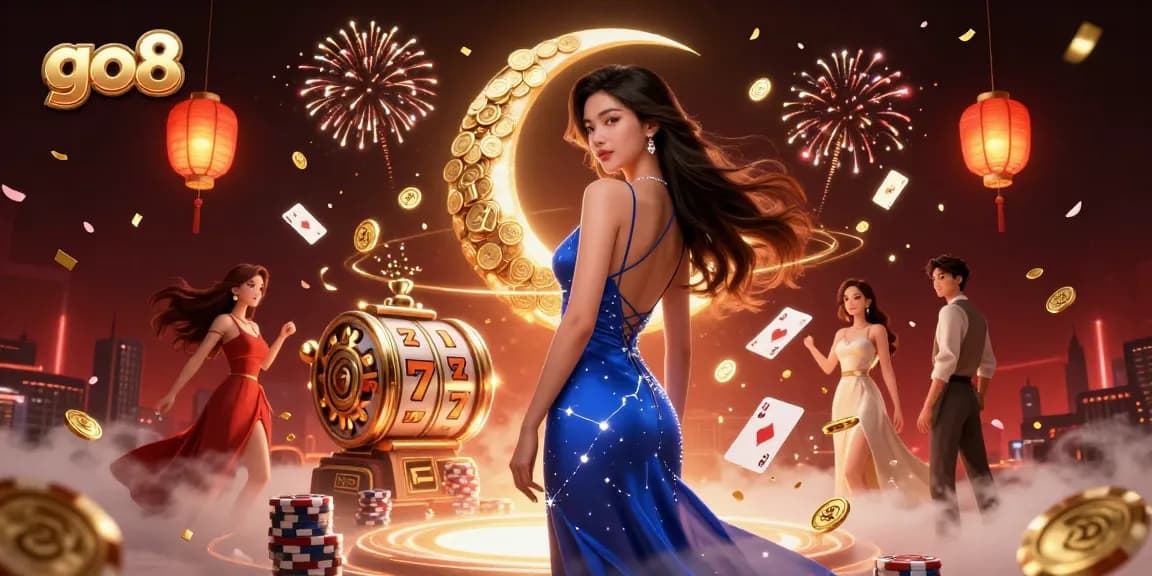 Win big at the go8 online casino featuring dynamic slot reels, poker cards, and gold coins.