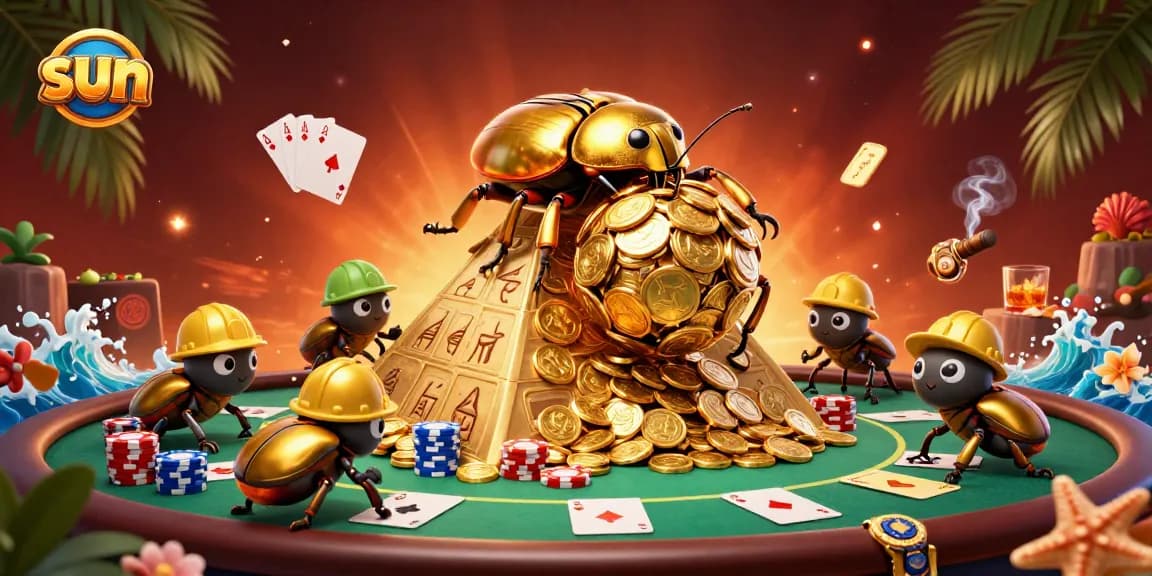 Engage with the sun and visualize excitement in this vibrant casino scene featuring gold coins and poker elements.