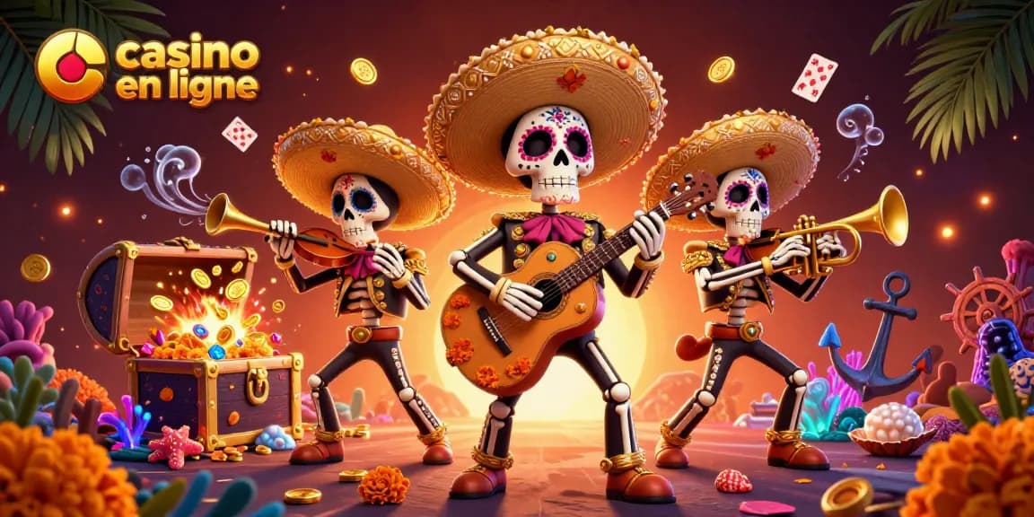 Un jeu de casino en ligne : découvrez une scène vibrante avec un groupe de mariachis jouant dans un décor sous-marin.
