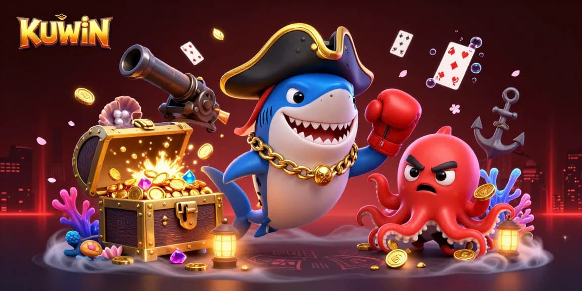 KUWIN offers dynamic underwater casino adventures featuring a pirate shark, pufferfish, and octopus with gold coins.