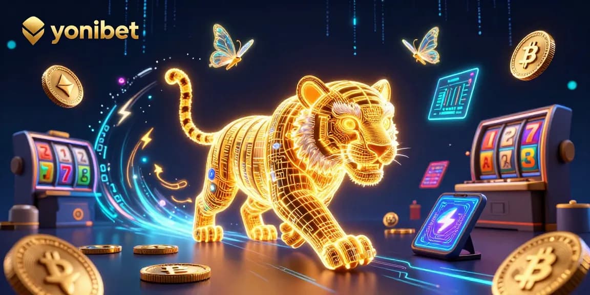 Experience the excitement of yonibet's vibrant casino atmosphere with a glowing tiger and crypto elements.
