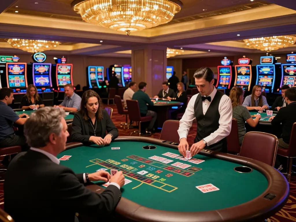 Players enjoying an exciting blackjack game at O8 casino, featuring vibrant ambiance and attentive dealer
