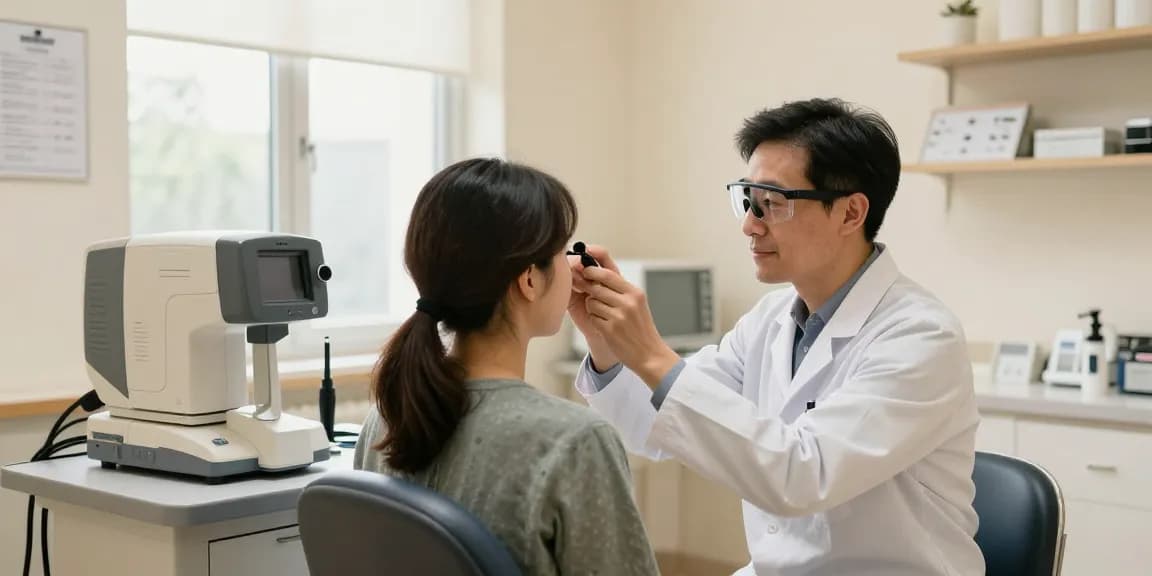 Ophthalmologist examining patient for glaucoma in a bright clinic.