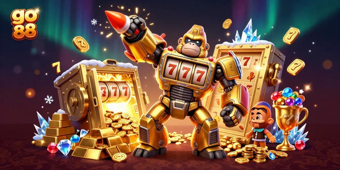 Spin and win with go 88's golden gorilla mech amidst treasures and jackpot symbols!