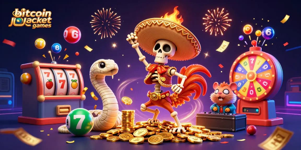 Experience thrilling bitcoin jackpot games with dynamic characters celebrating amidst vibrant casino elements.
