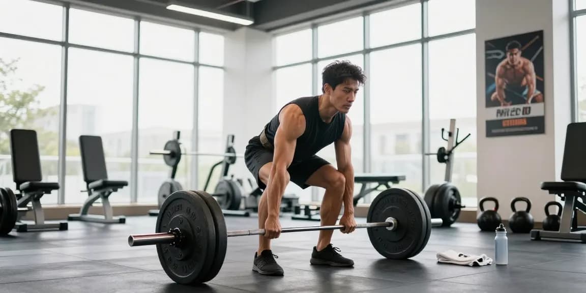 Anabolika-Shop: Kraftsportler beim Training mit Gewichten in modernem Fitnessstudio, umgeben von Sportgeräten.