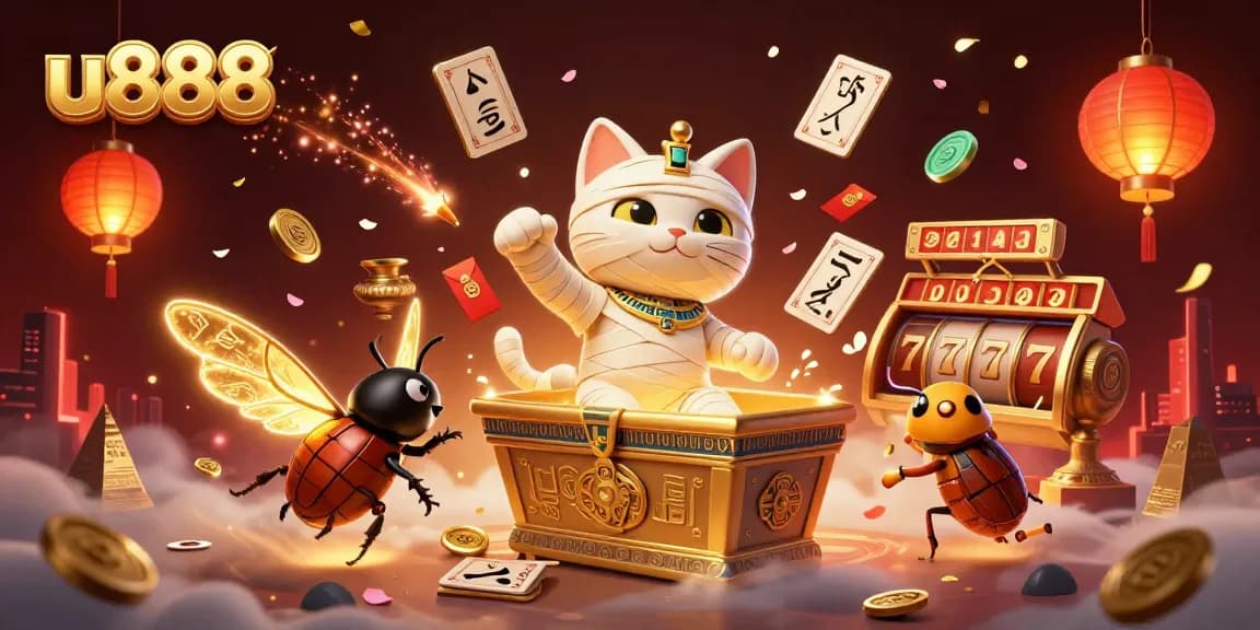 Engage in thrilling slots at u888 with a 3D cartoon Egyptian mummy cat and golden elements in a vibrant casino.