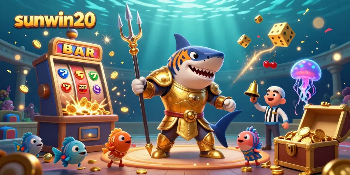 Experience the thrill of sunwin20 with a vibrant underwater casino scene featuring a tiger shark, slot machine, and cheerful fish.