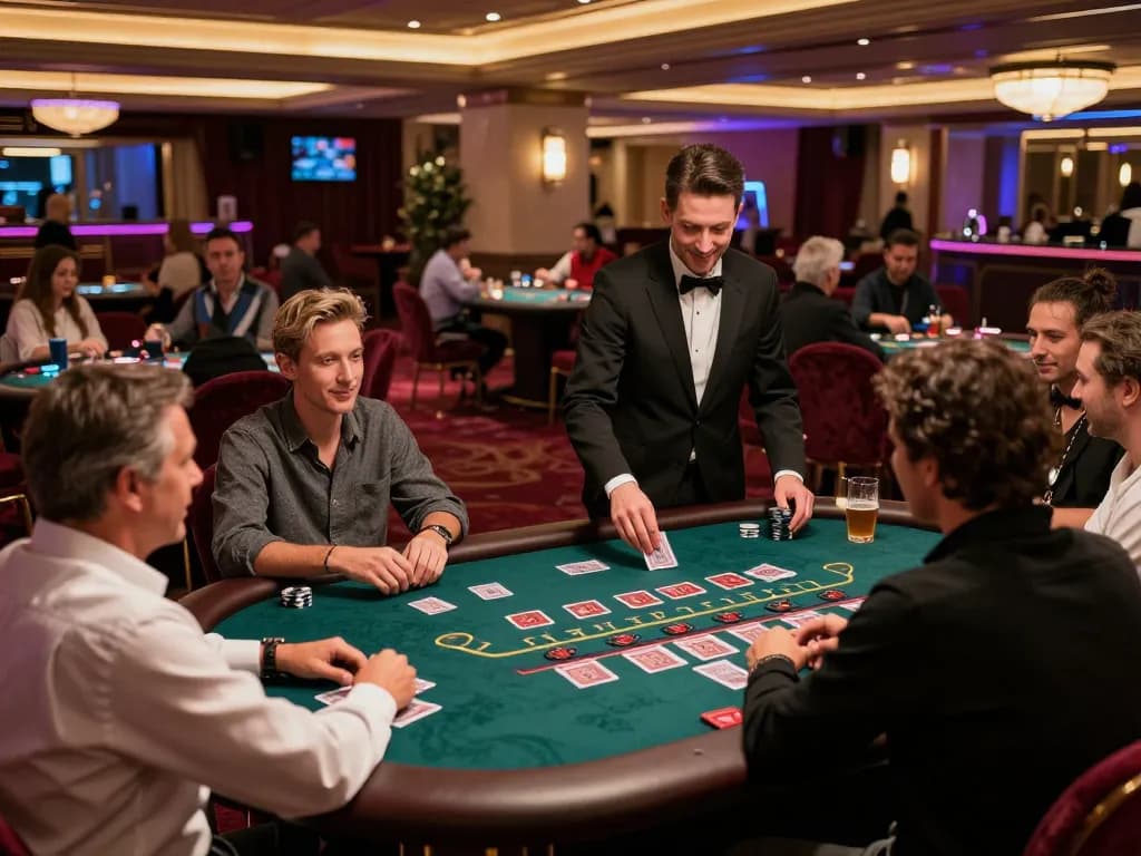 Experience the thrill of gaming at https://debet.talk/ with players engaging in blackjack at a luxurious casino.